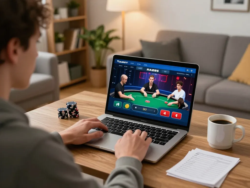 Player engaging in FABET online poker game, showcasing strategic gameplay in a cozy home setting