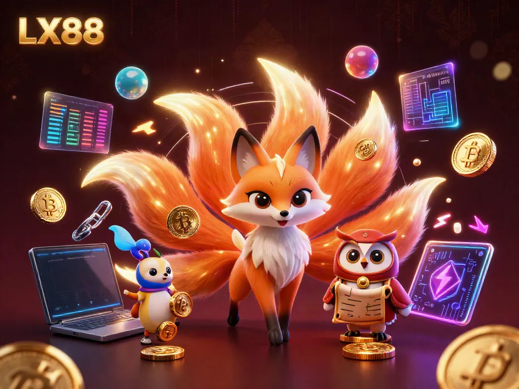Experience the vibrant energy of LX88 with a magical nine-tailed fox, wise owl, and colorful cryptocurrency elements.