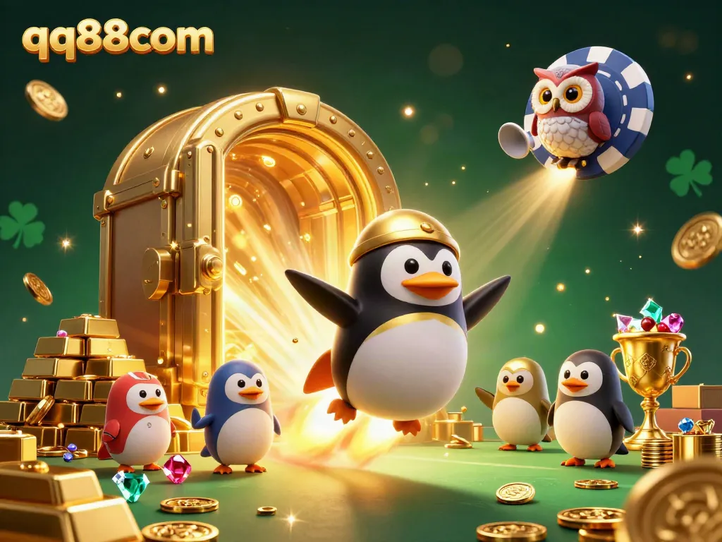 Experience thrilling moments with the qq88com penguin flying towards a poker chip-shaped casino.
