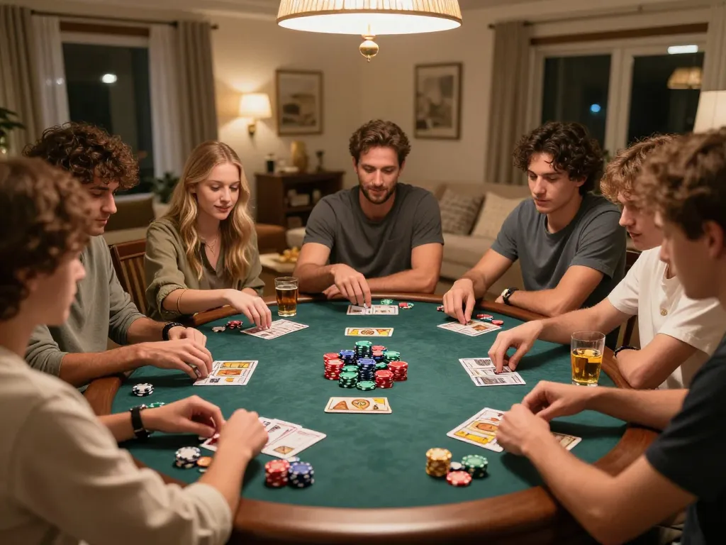 Engaging atmosphere of friends playing game bài with vibrant poker chips and lively conversation around the table.
