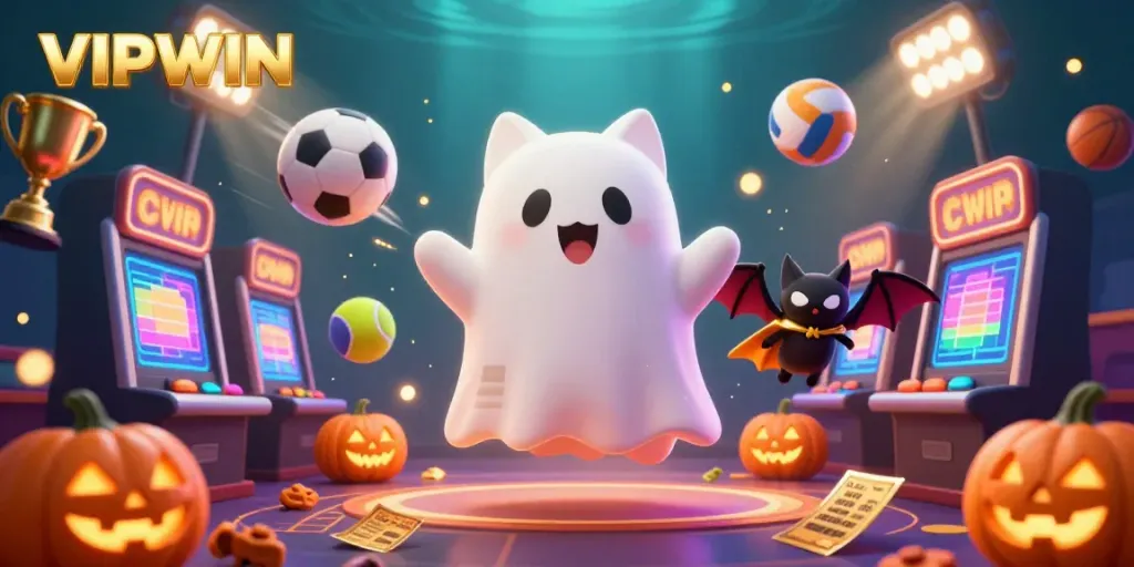Experience the dynamic casino spirit with VIPWIN as a friendly ghost cat and vampire bat dance through a vibrant gaming scene.