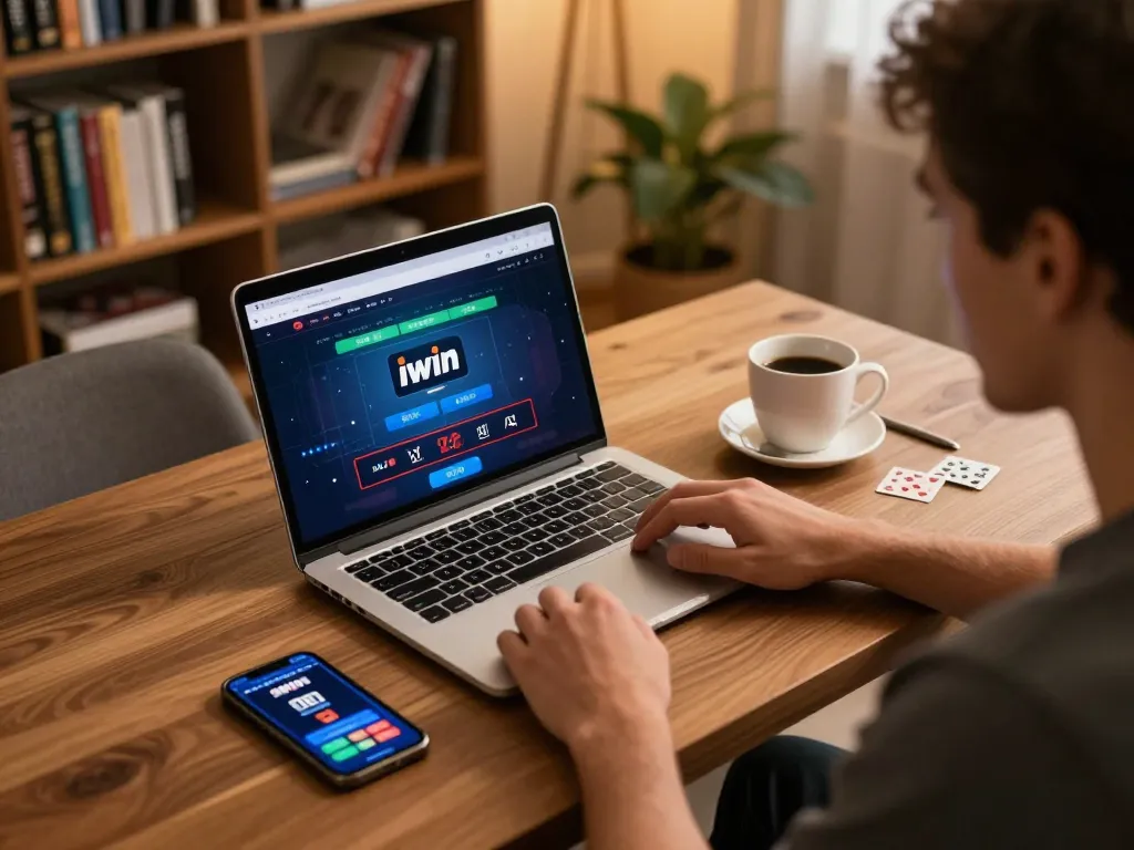 Engaging online poker session on iwin with cozy home setting and strategic notes.