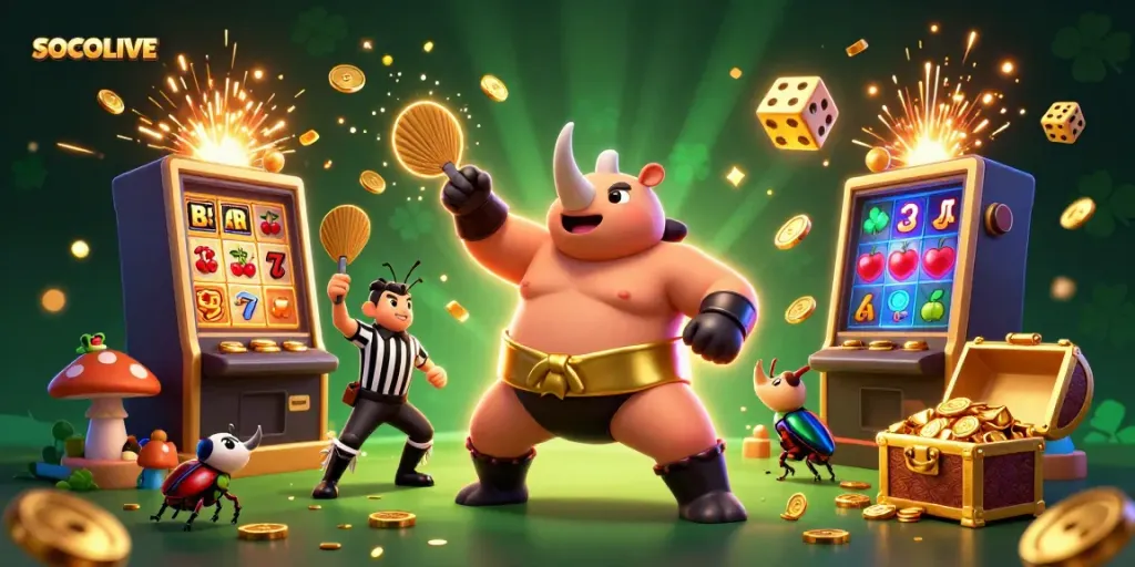 SOCOLIVE engages gamblers with thrilling events, showcasing vibrant characters amid dynamic casino elements.