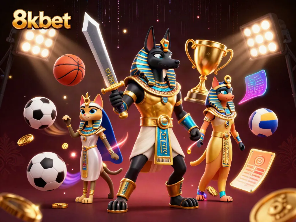 Engage with 8kbet's vibrant sports and casino energy through a rich, dynamic 3D digital illustration.