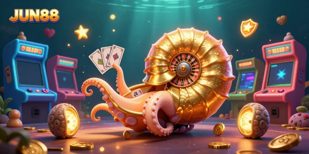 Experience thrilling gaming at JUN88 with a colorful casino scene featuring a dynamic nautilus and vibrant arcade elements.