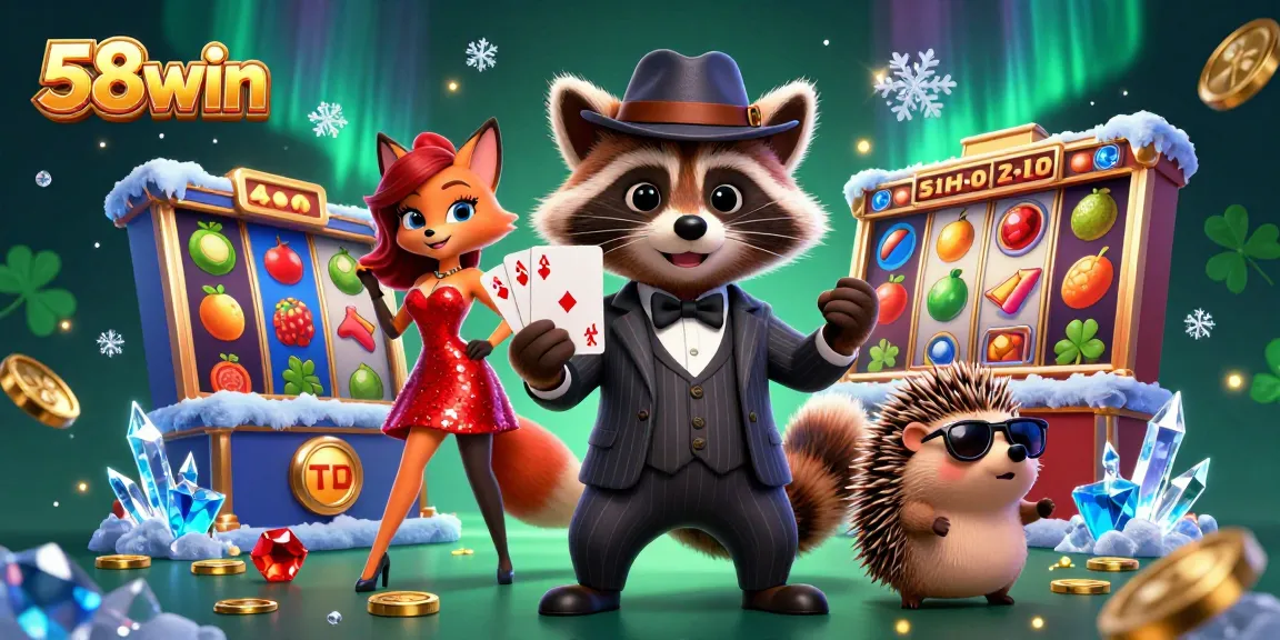 Experience the adventure at 58win with a suave raccoon, a dazzling fox, and a cool hedgehog in a colorful casino scene.