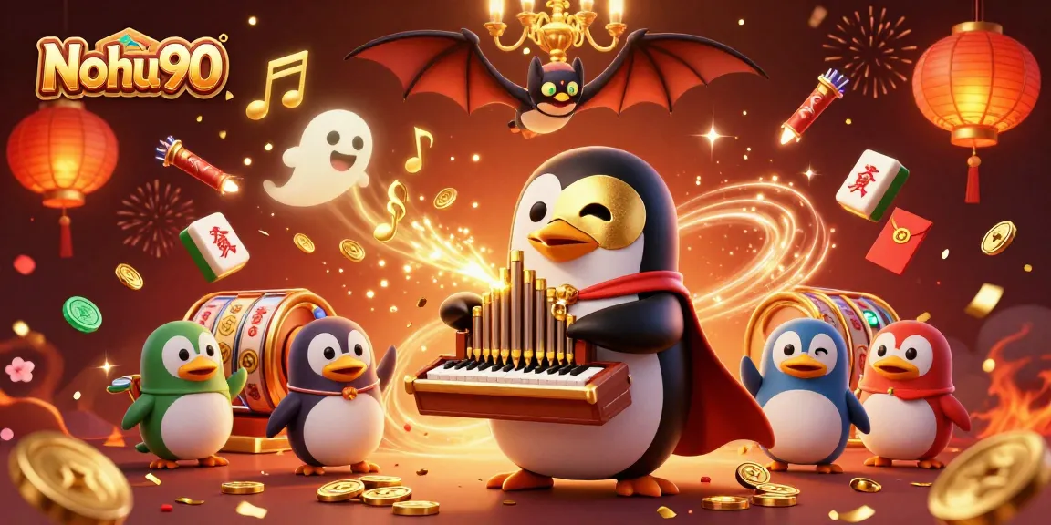 Nohu90 fantasy scene showcasing a cartoon opera penguin at a golden organ, producing cascading coins amidst joyful celebration.