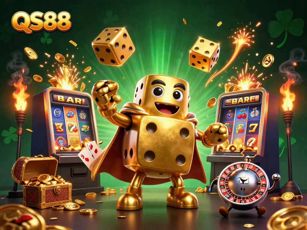 Experience excitement with the QS88 golden dice golem and jackpot scene, highlighting casino fun.