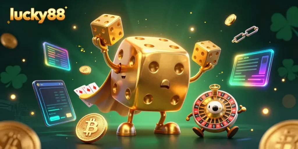 Enjoy an engaging lucky88 experience with golden dice and cryptocurrency elements in a vibrant casino scene.