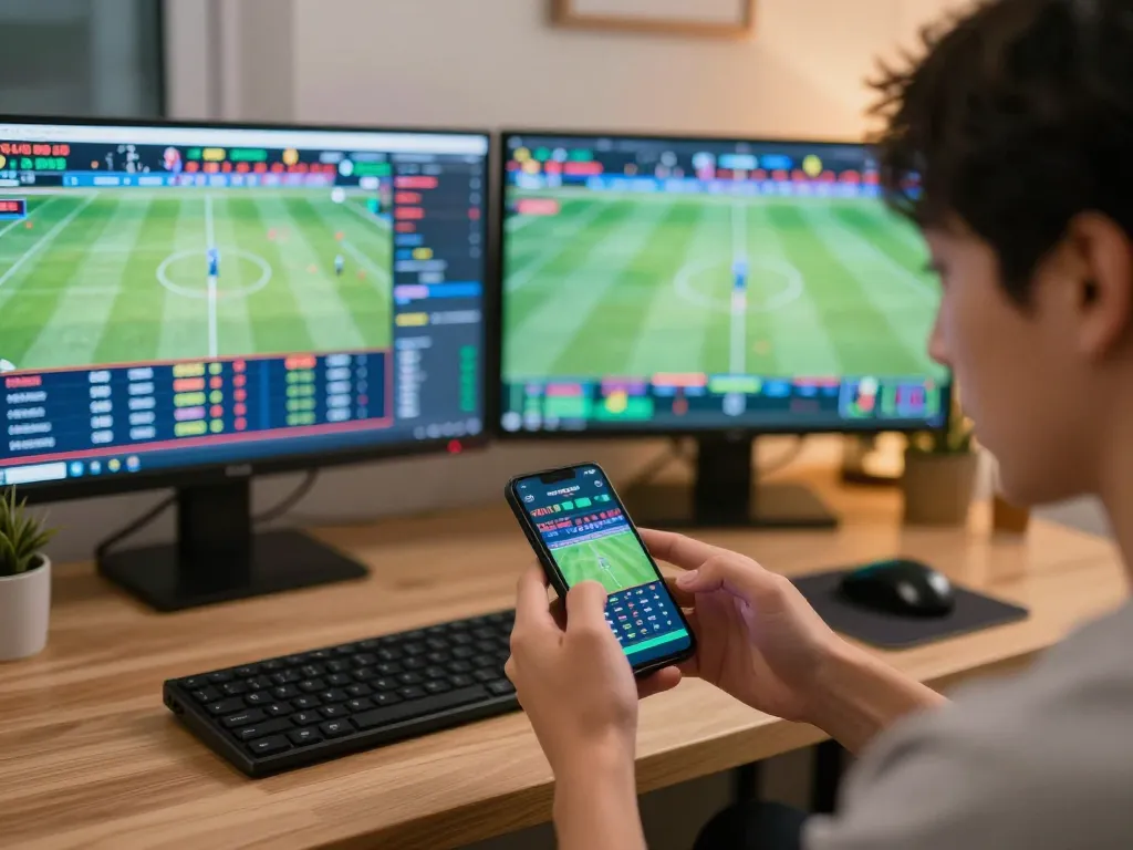 KUBET user excitedly placing bets on sports via a smartphone in a cozy home office.
