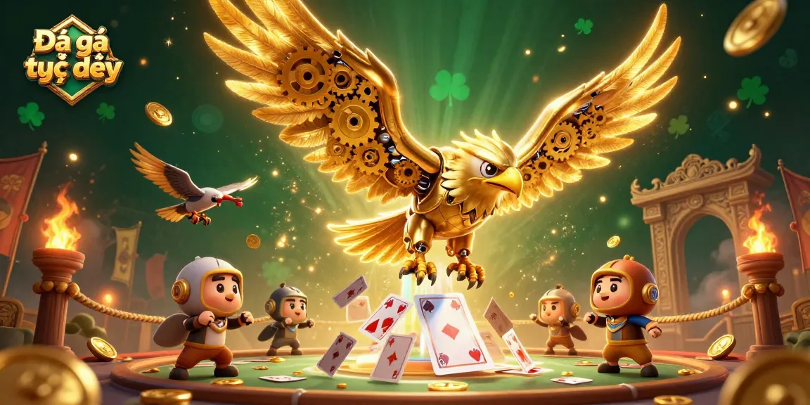 Experience Đá gà trực tiếp action with a 3D fight scene featuring a cybernetic golden eagle amidst dynamic gameplay elements.