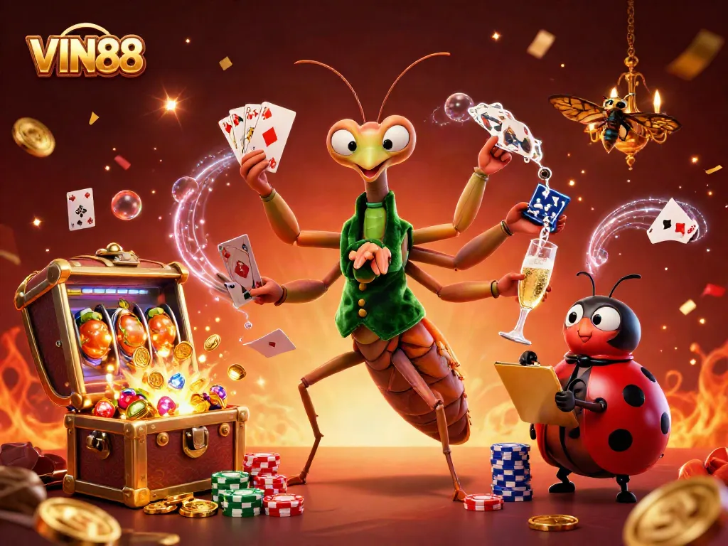 Experience thrilling gameplay at VIN88 with a vibrant 3D casino scene featuring dynamic characters and exciting slot elements.
