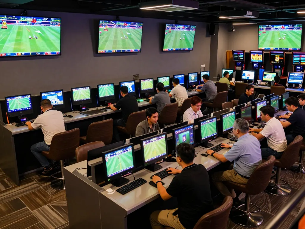 Engaged bettors placing wagers on Kèo Nhà Cái 5 in vibrant sports betting lounge