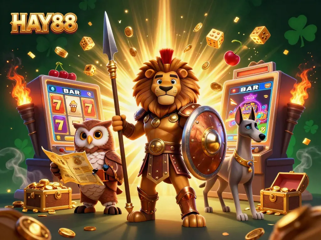Experience thrilling gameplay at HAY88 with a dynamic casino scene featuring a heroic lion and game elements.