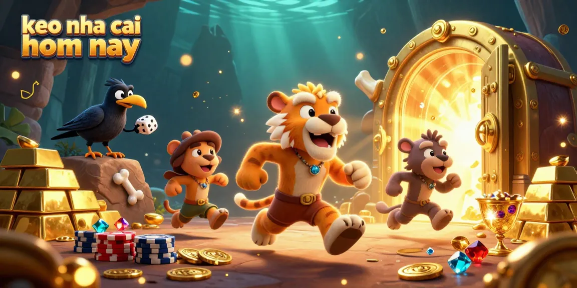 Engage with the thrill of keo nha cai hom nay in a vibrant 3D casino scene showcasing unique characters and gold treasures.
