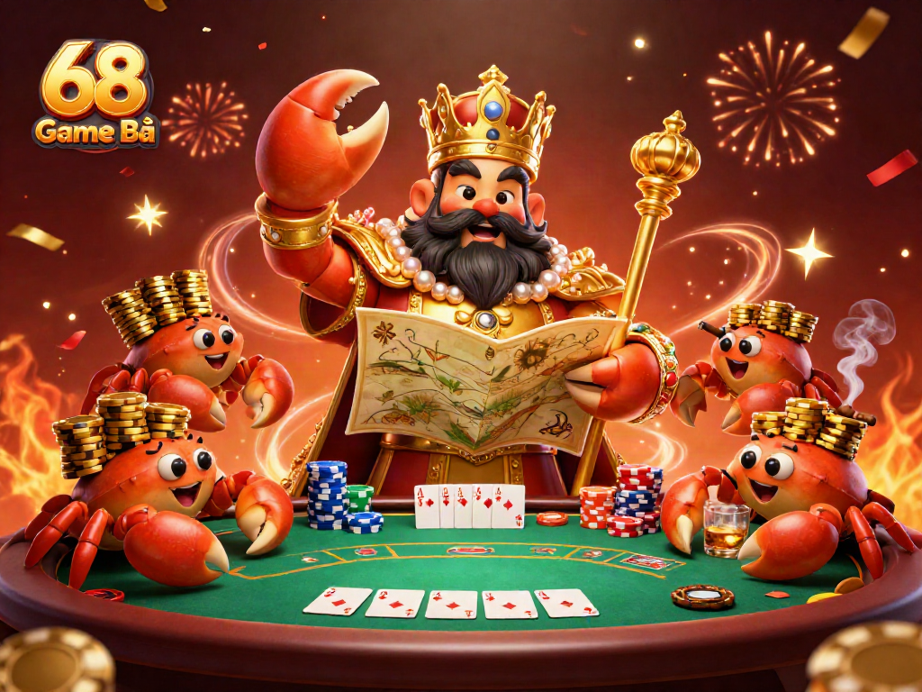 Experience thrilling play with 68 Game Bài featuring a majestic crab emperor amidst colorful poker chips and games.