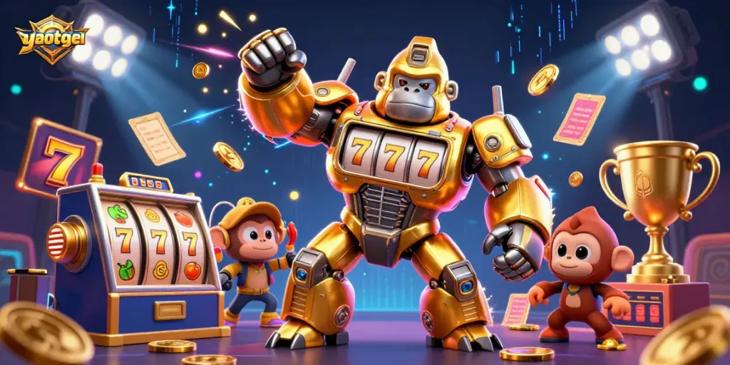 Action-packed yaotogel scene featuring a golden gorilla mech surrounded by vibrant slot elements and coins.
