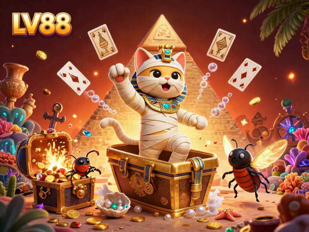 Experience thrilling moments at LV88 with a vibrant Egyptian mummy cat and glowing scarab in a casino setting.