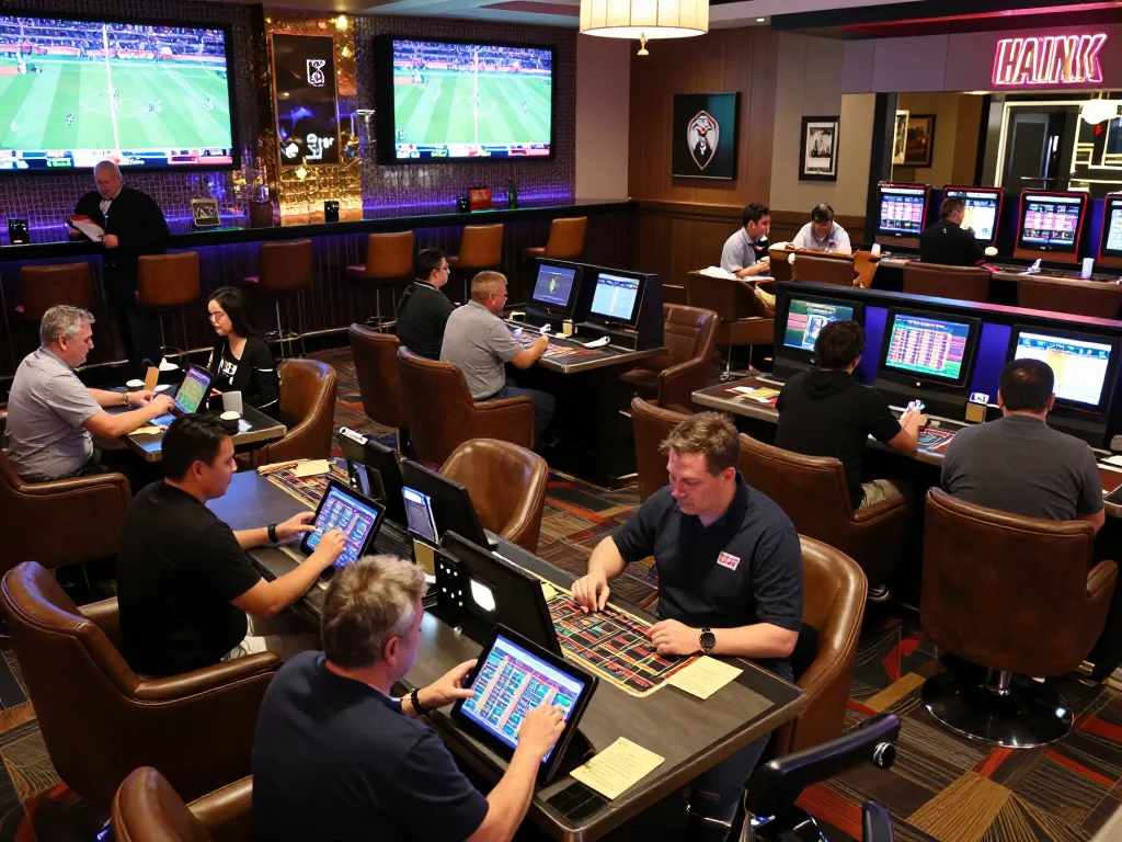 Bsport patrons engaged in placing bets at a luxurious sports betting lounge.