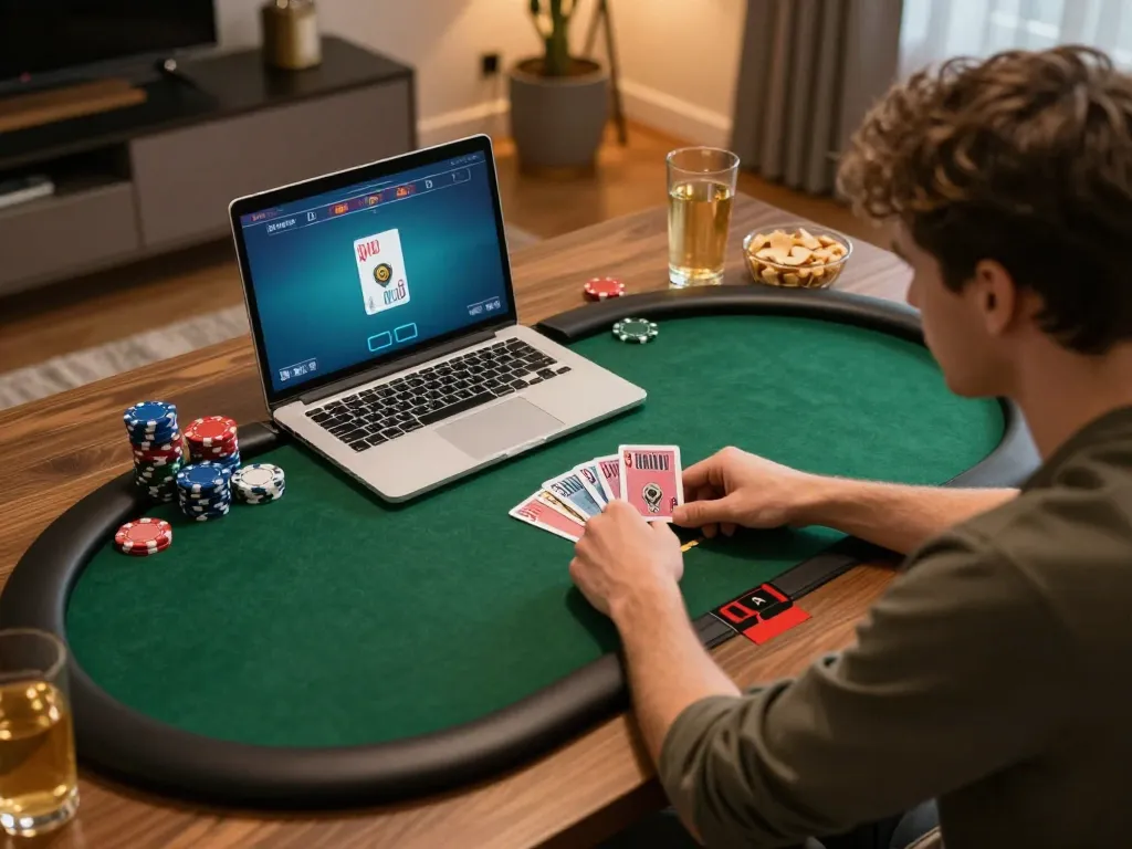 sin88 players engaging in an online poker game on their laptops in a cozy setting