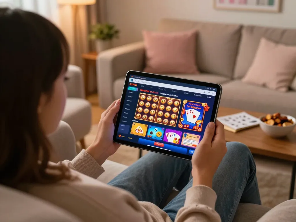 Engaging with GO88 mobile casino app in a cozy home setting, showcasing user-friendly interface and authentic gaming experience
