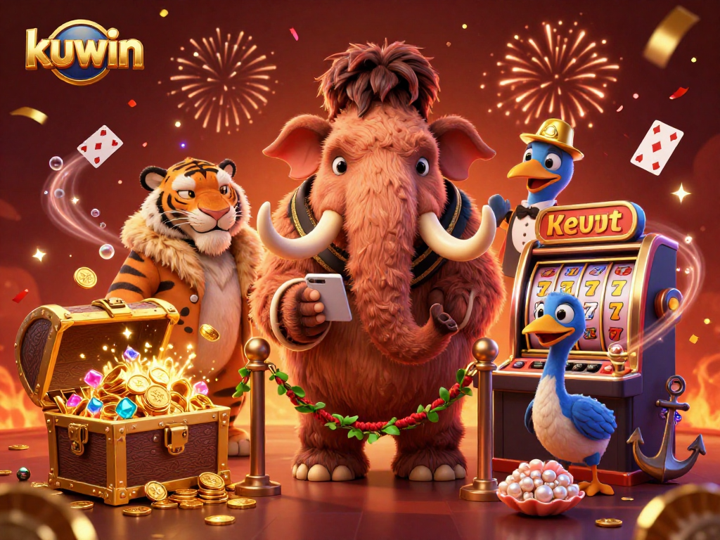 Kuwin casino scene featuring a woolly mammoth bouncer and saber-tooth guest amidst gold coins and vibrant slot machines.