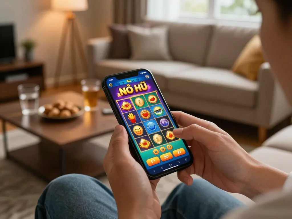 Nổ hũ mobile app gameplay on a cozy sofa, inviting users to experience engaging online slots.