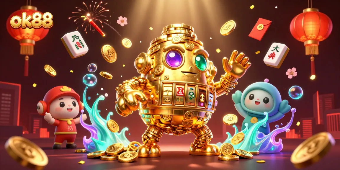 Experience thrilling gaming action with ok88's vibrant golden golem surrounded by dynamic casino elements.