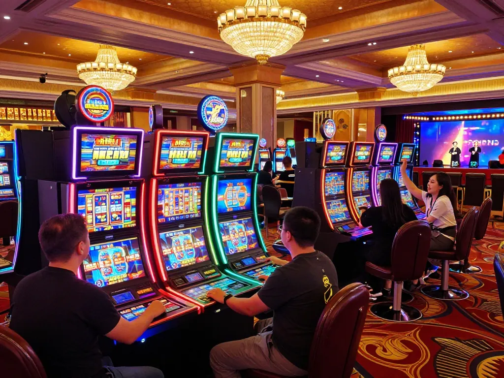 Engage with thrilling slot games at EE88’s vibrant casino atmosphere, featuring neon lights and jubilant players.