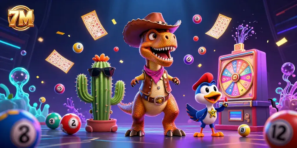 Engage with dynamic 7M gaming action featuring a playful T-Rex and his companions amidst colorful lottery materials.