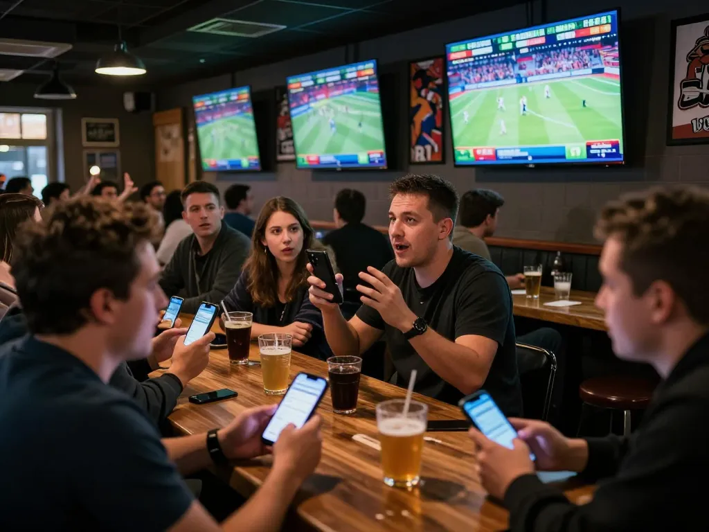 MB66 players engaging in live sports betting with smartphones at a vibrant sports bar