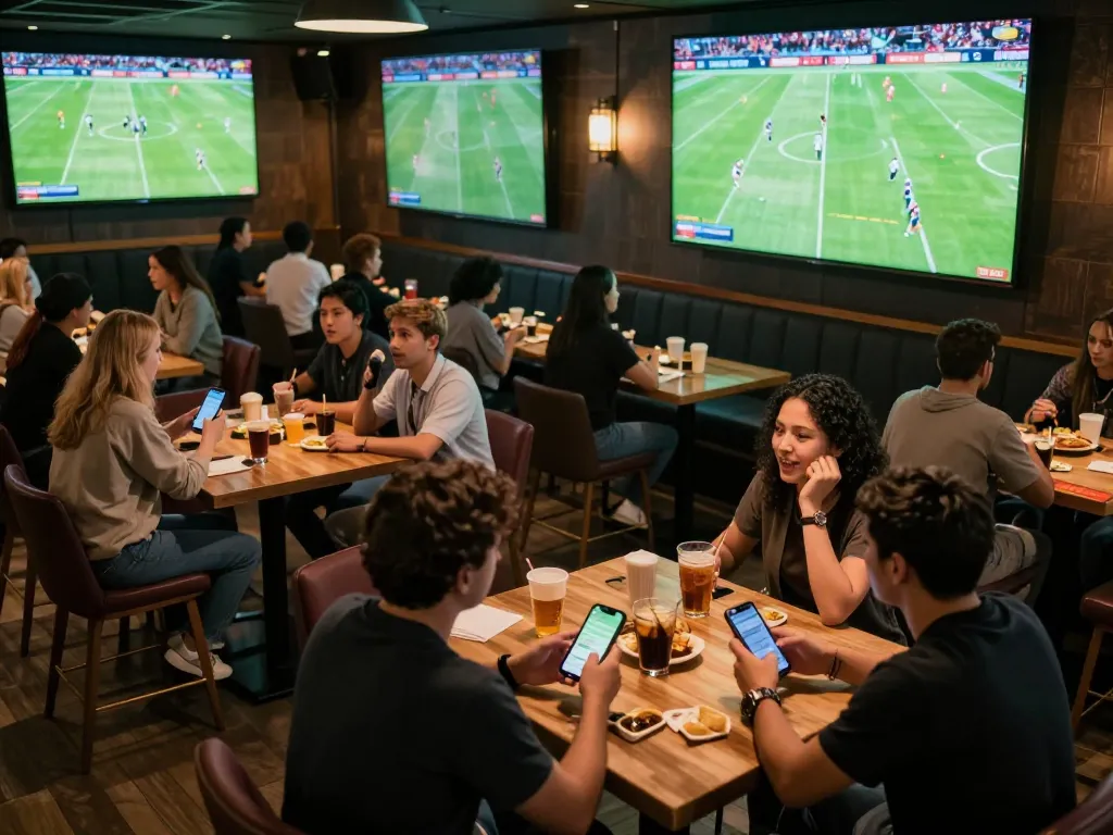 Watch the action unfold as players engage in soi kèo bóng đá with excitement in a lively sports bar.