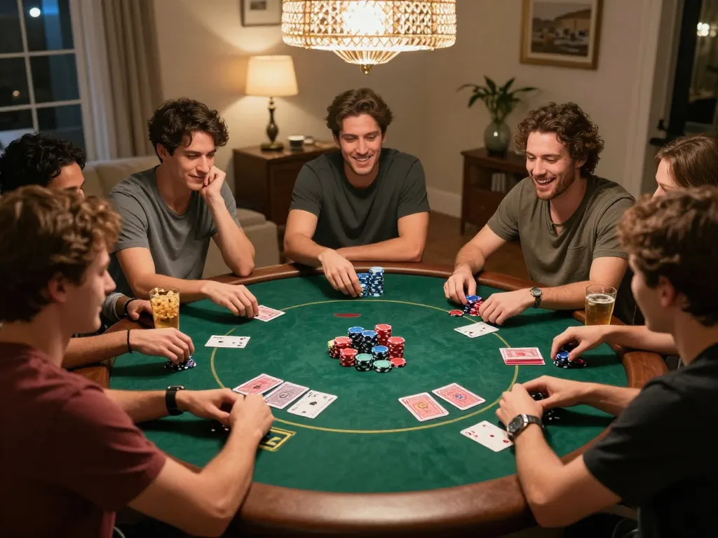 Friends enjoying a thrilling poker night with da88gg-themed strategy, colorful chips, and intense gameplay.