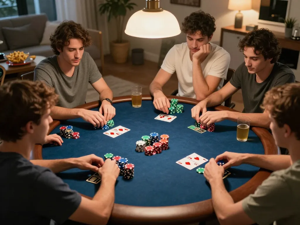 Players engage in focused poker strategy during a home game night, highlighting the interactive sunwin experience.