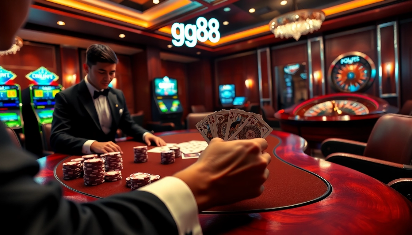 Experience high-stakes gaming at gg88, featuring poker tables, chips, and dice in a luxurious setting.