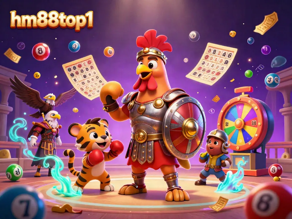 Engage with the vibrant and dynamic scene from hm88top1 showing a 3D cartoon gladiator rooster in a casino-themed arena.