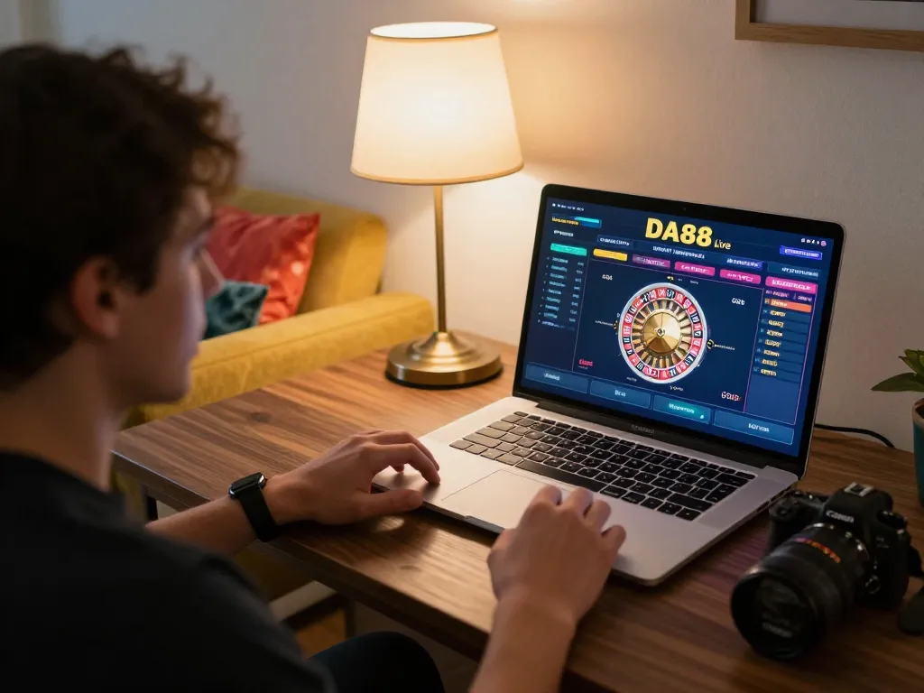Player enjoying DA88 online gaming with vibrant laptop interface and warm home atmosphere