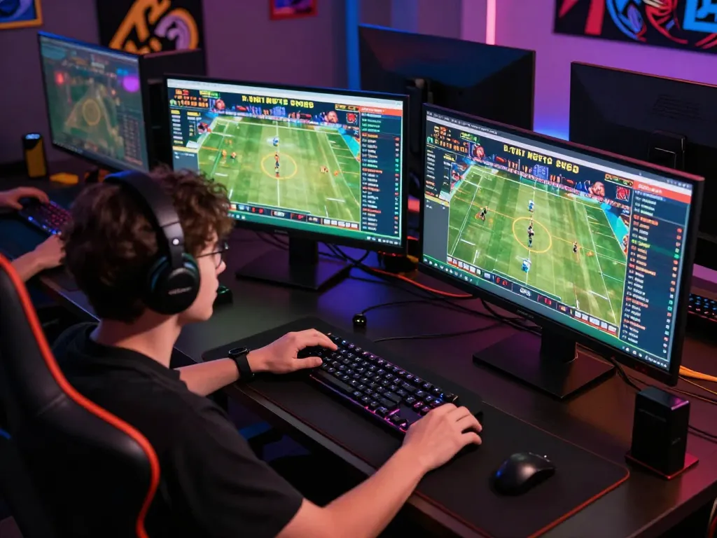 1GOM sports betting setup featuring multiple screens with live match statistics and vibrant lighting.