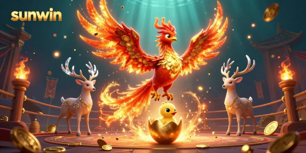 Engage in thrilling gameplay with sunwin in a vibrant 3D digital casino world featuring phoenix elements.