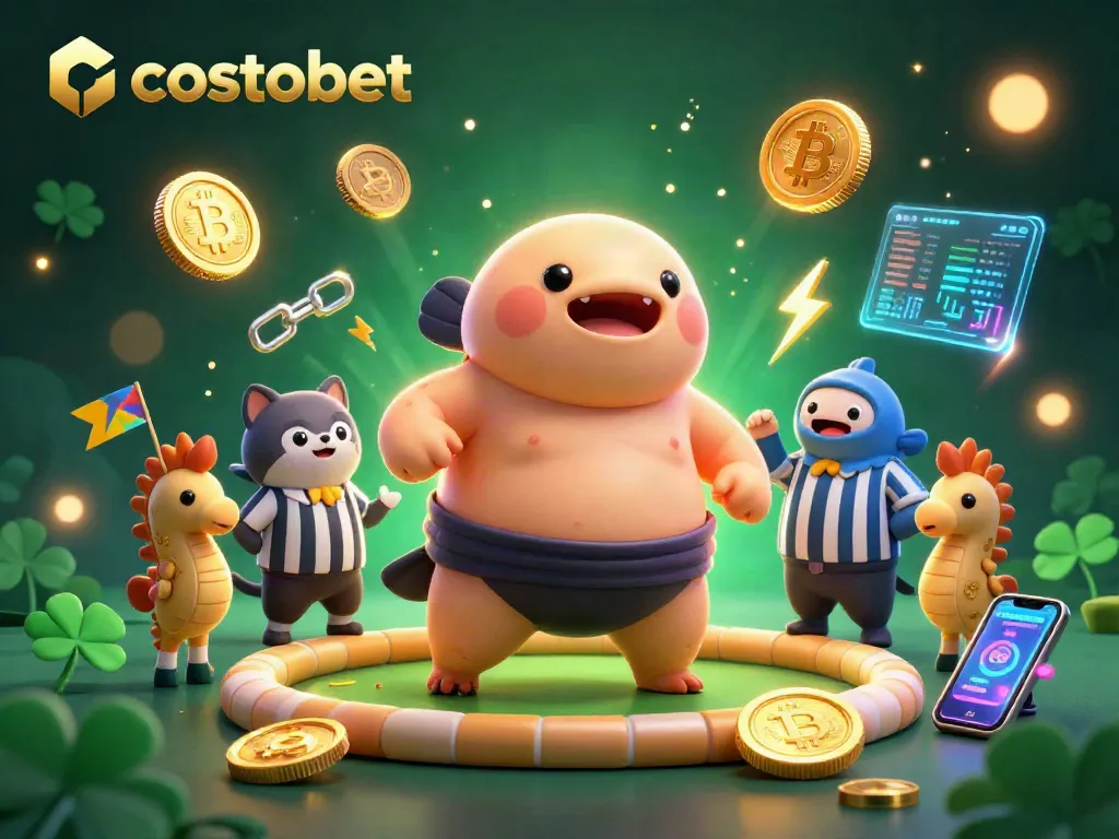 Engage with cosmobet in a vibrant 3D casino scene featuring a blowfish champion and crypto elements.