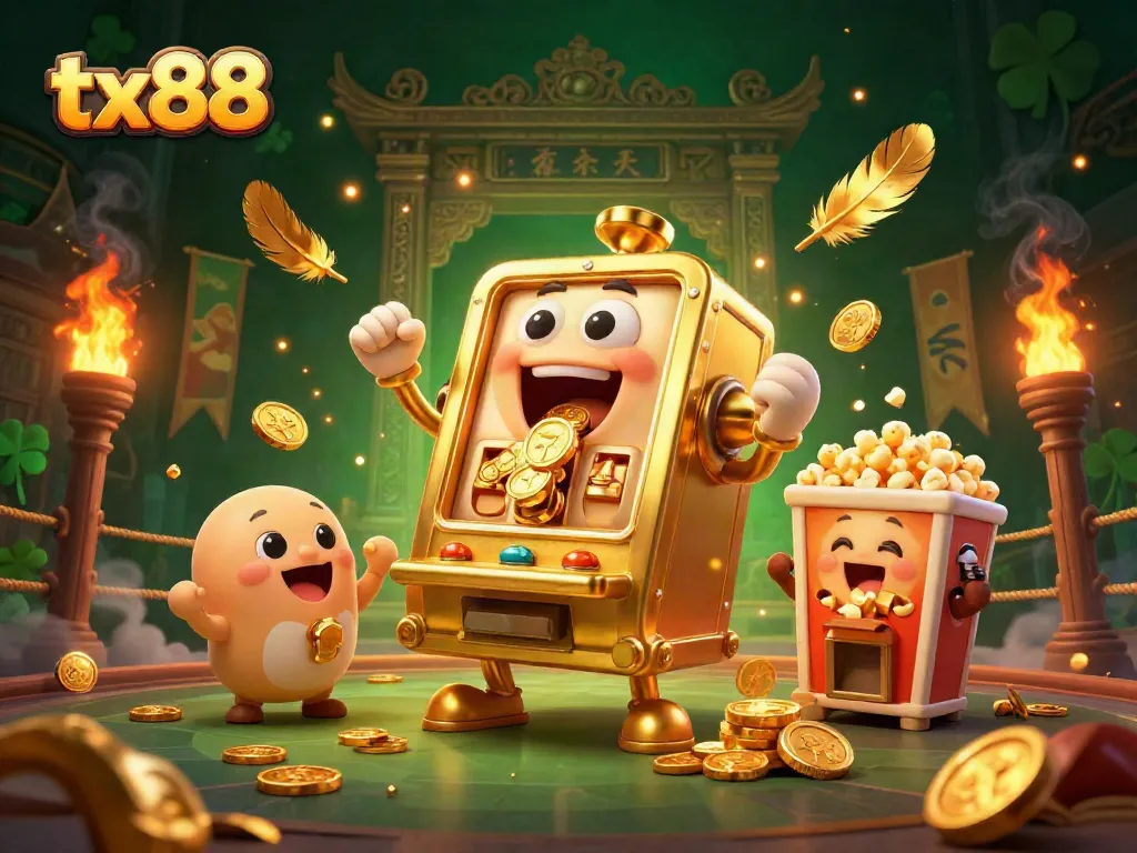 Experience the excitement of tx88 with a golden slot machine jackpot scene filled with vibrant 3D characters.