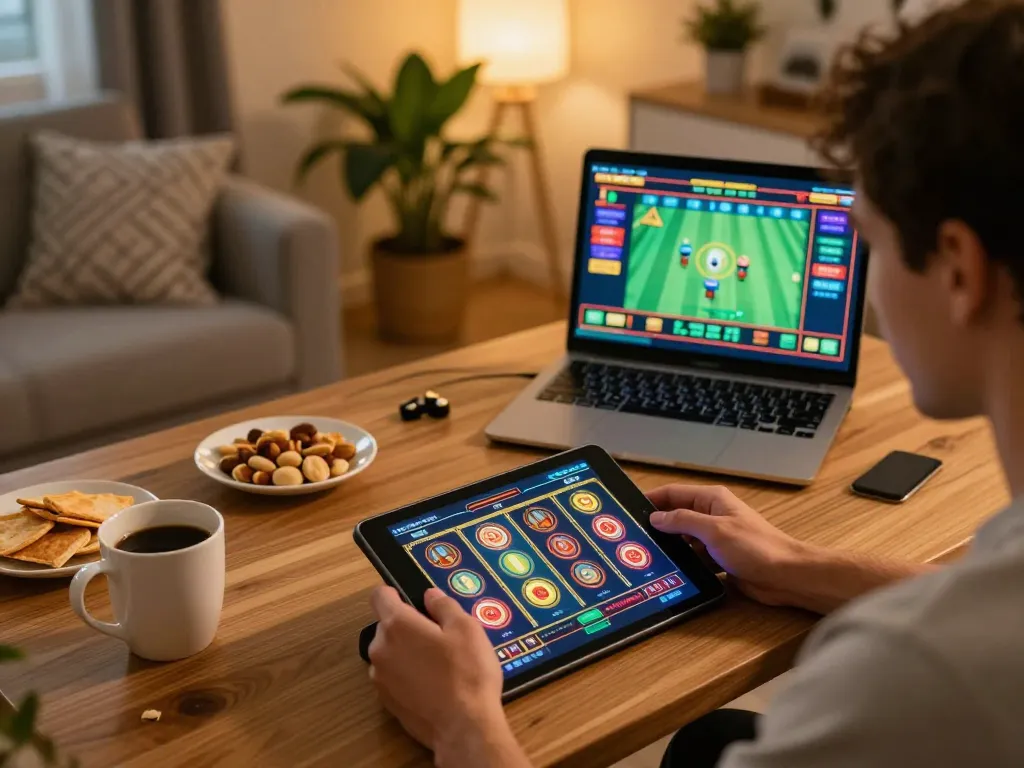 Player enjoying vk88 online slot game on a tablet in a cozy home environment.