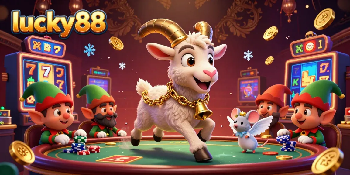Join the lucky88 slot action in this lively casino scene with a Krampus goat and playful characters.