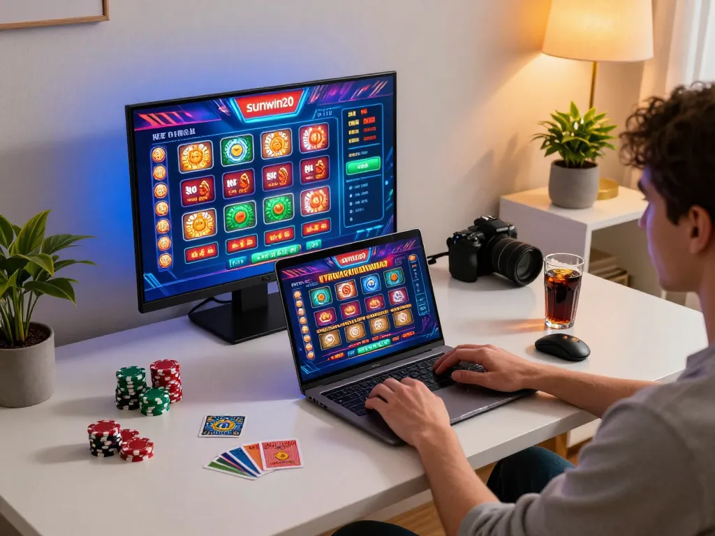 Player engaging with sunwin20 online casino games on a laptop in a vibrant gaming environment.