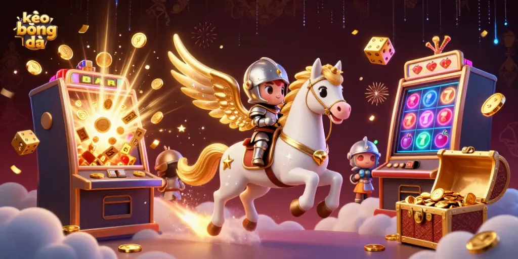 Engage with kèo bóng đá as a celestial knight rides a golden-winged horse amidst rich gaming symbols and vibrant energy.