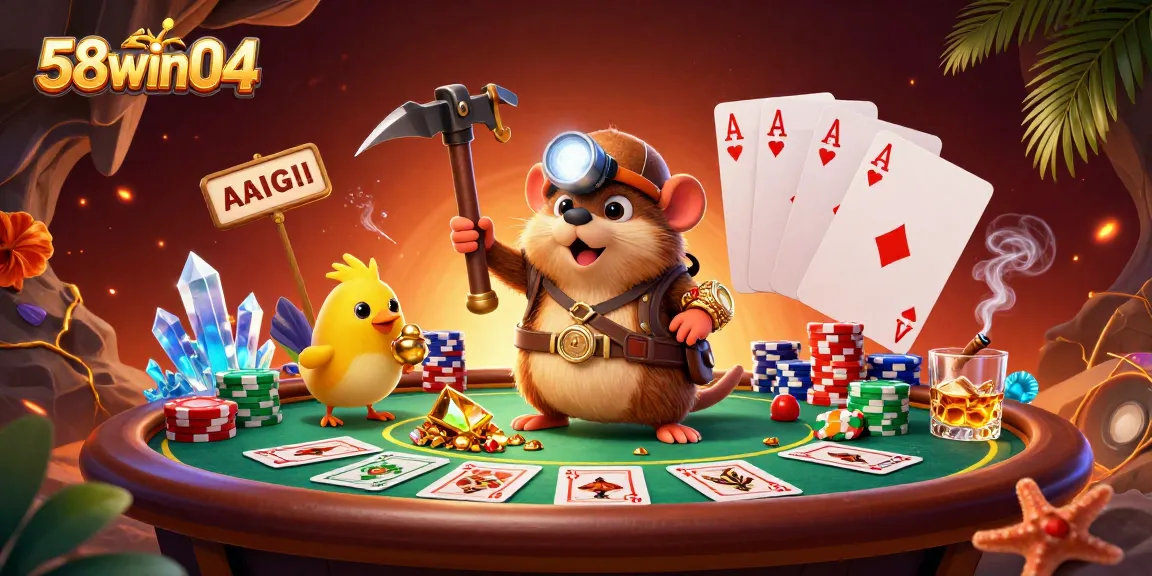 Experience excitement at 58win04 with a treasure hunting mole surrounded by poker chips and cards.