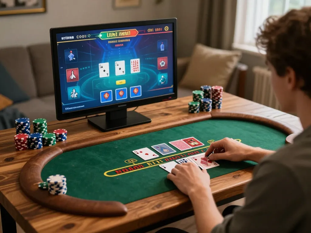 Player engaged in live blackjack at home using 79win online casino interface, chips and cards visible on screen.