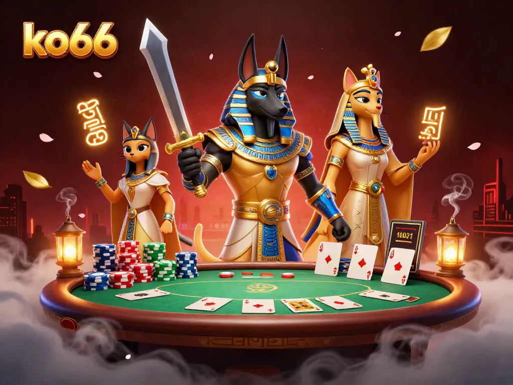 Experience thrilling games at ko66 with an ancient Egyptian theme, showcasing vibrant casino elements.