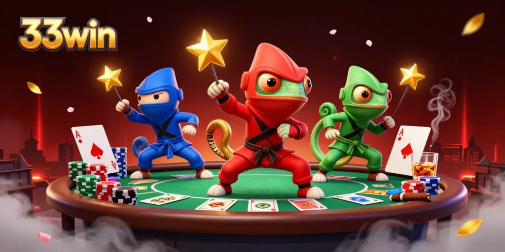 Engage with 33win's dynamic casino experience featuring ninja chameleons in 3D action.