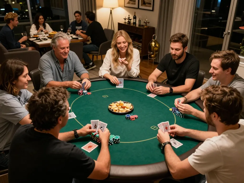 Engaged friends playing poker at home during a cozy gaming night, highlighting the friendly competition and strategic elements of BL555 gaming.